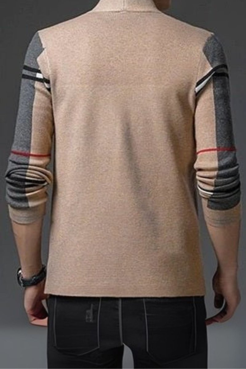 Model wearing Kouvr Fashion Men's Slim Fit Brown and Grey Open Front Cardigan