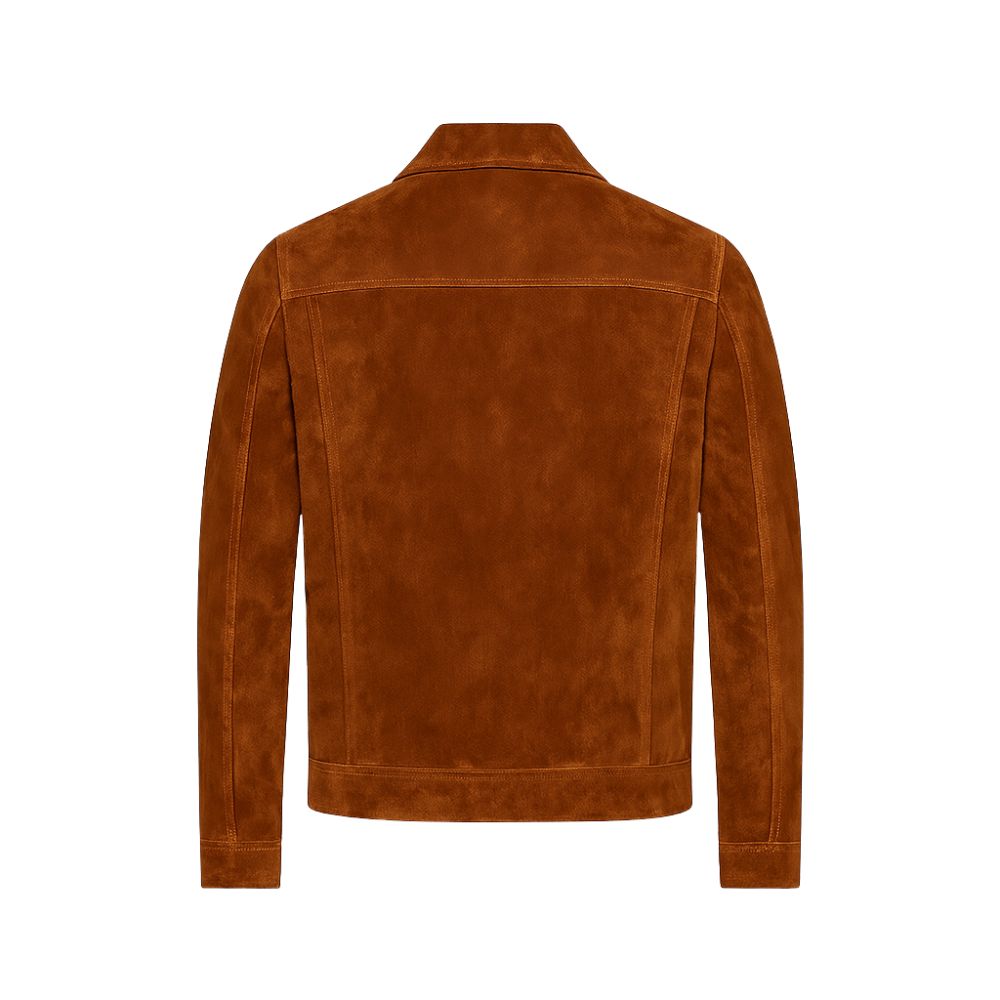Brown kouvr suede jacket on a white background