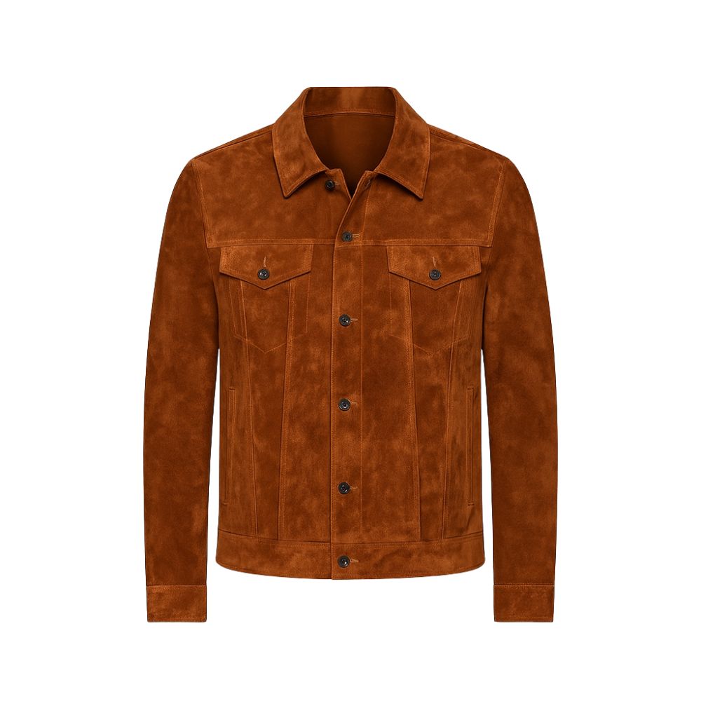 Brown kouvr suede jacket on a white background