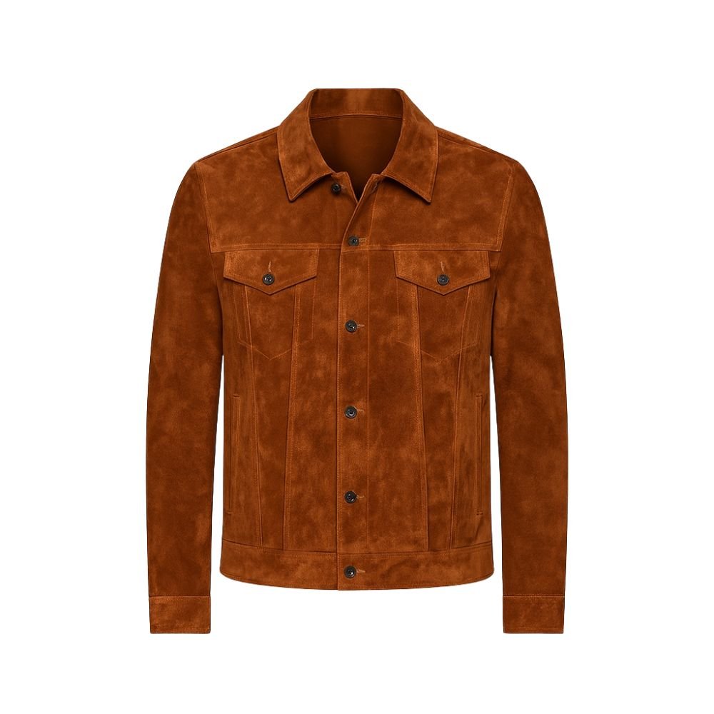 Brown kouvr suede jacket on a white background