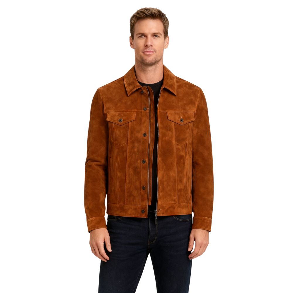 Man wearing a brown kouvr suede jacket on a white background