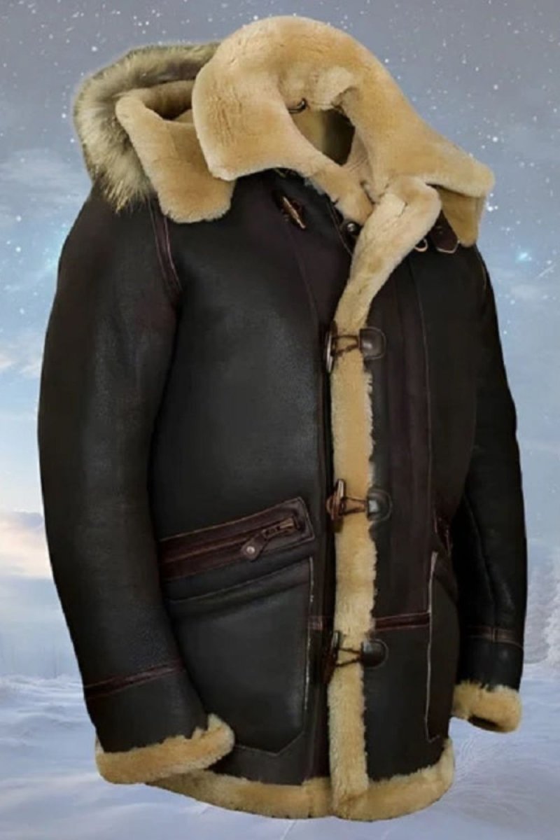 Men's Dark Brown Shearling Sheepskin Jacket with Fur Hood by Kouvr Fashion
