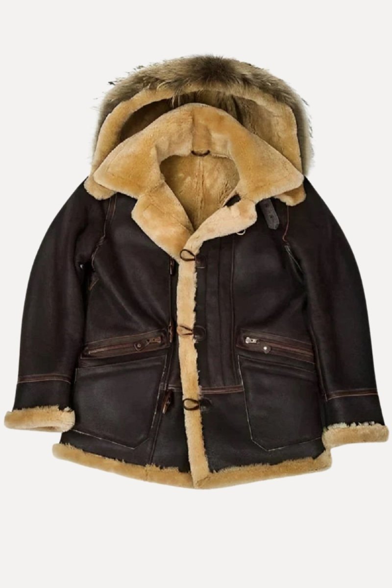 Men's Dark Brown Shearling Sheepskin Jacket with Fur Hood by Kouvr Fashion