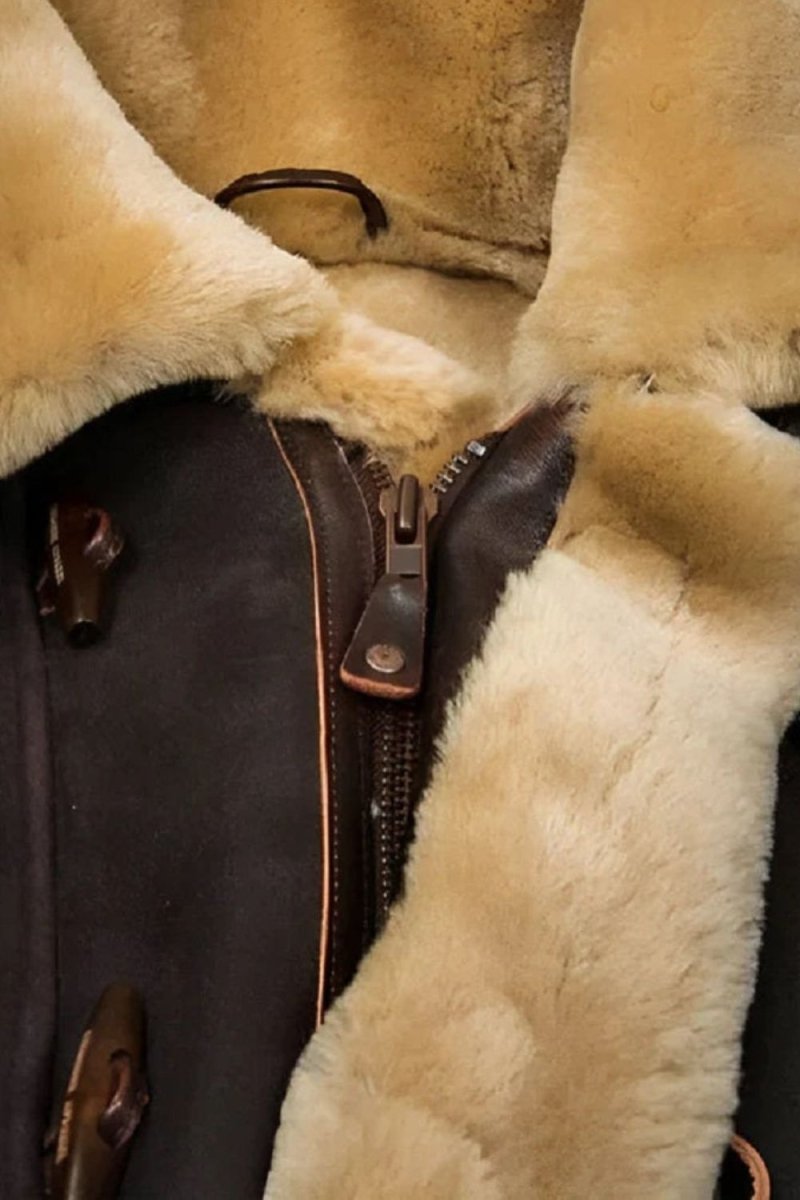 Men's Dark Brown Shearling Sheepskin Jacket with Fur Hood by Kouvr Fashion