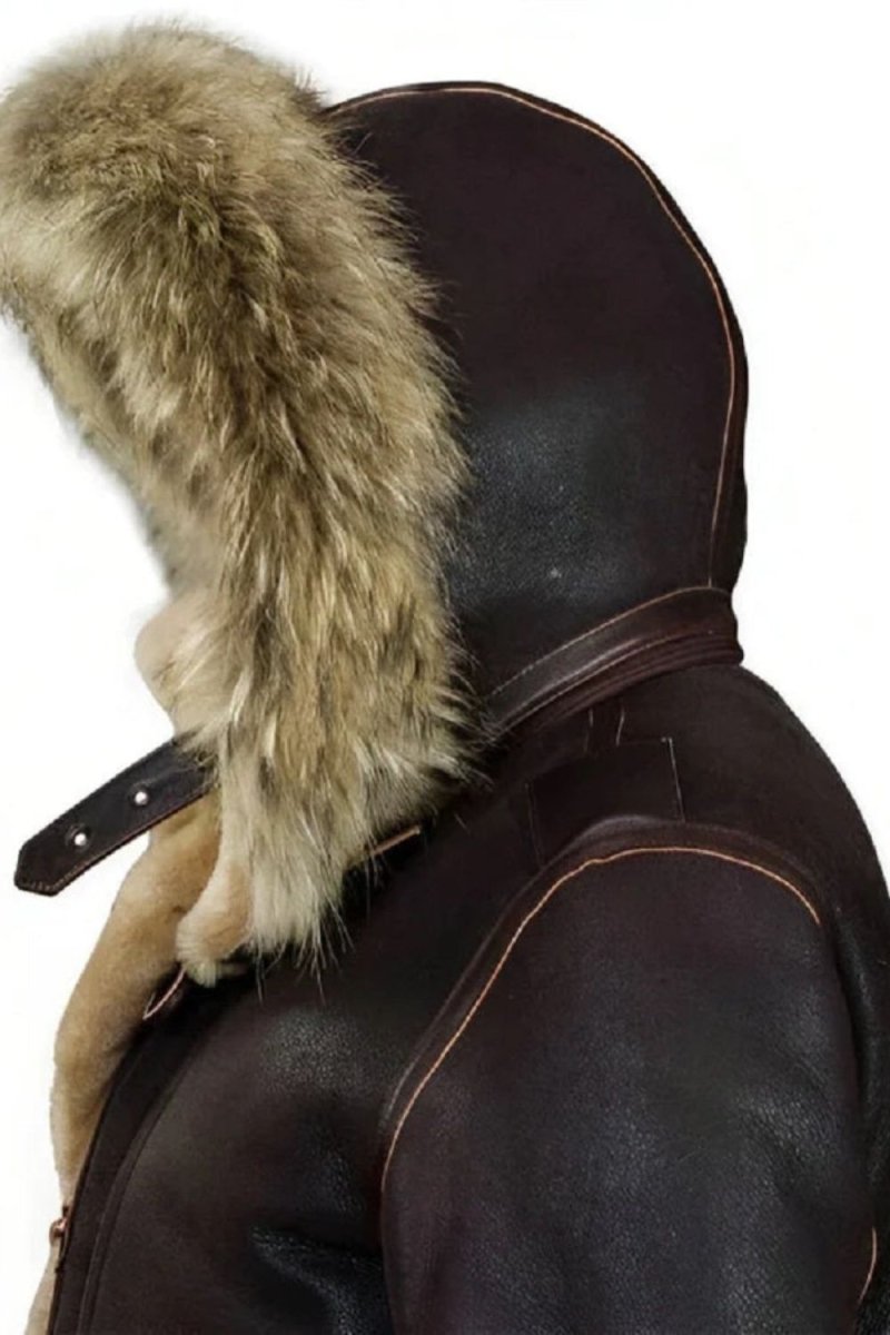 Men's Dark Brown Shearling Sheepskin Jacket with Fur Hood by Kouvr Fashion