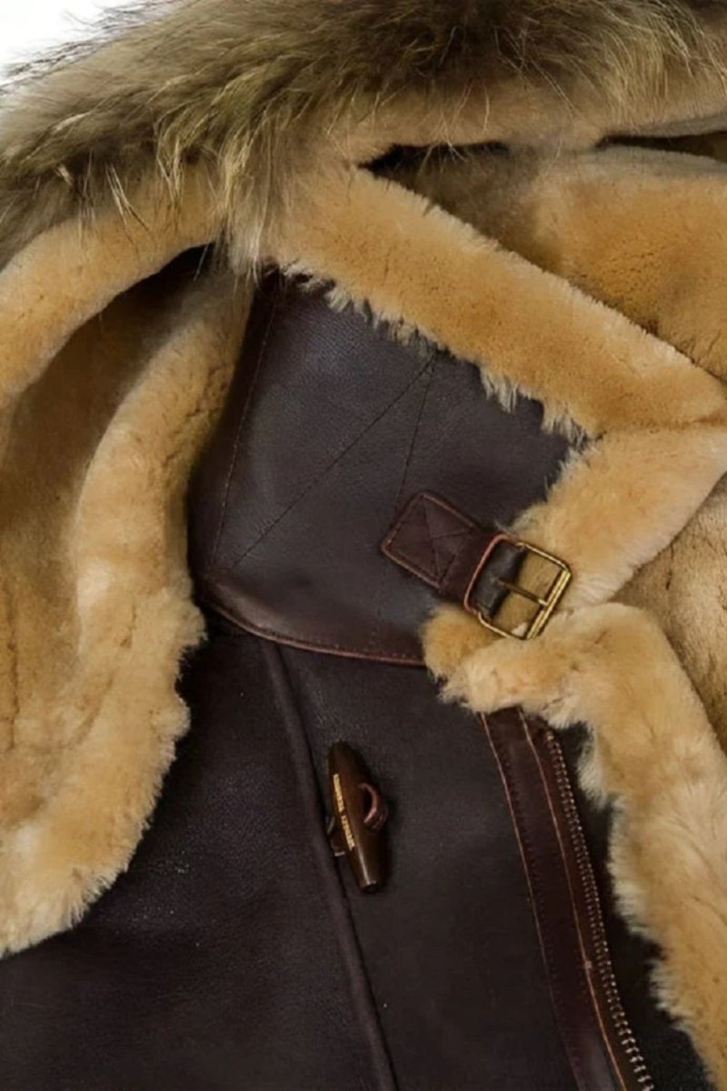 Men's Dark Brown Shearling Sheepskin Jacket with Fur Hood by Kouvr Fashion