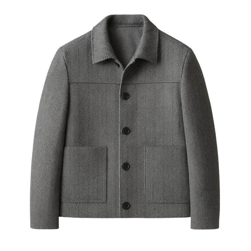 Man wearing Kouvr Fashion gray herringbone wool car coat over a white turtleneck