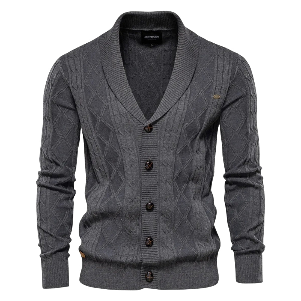 Grey Kouvr cable knit cardigan with buttons on a white background