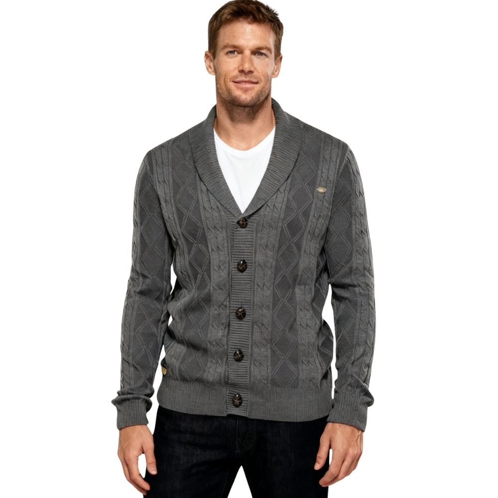 Man Kouvr wearing a gray patterned cardigan on a white background