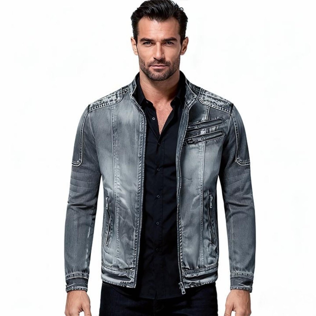 Man wearing a grayish blue Kouvr denim jacket over a black shirt on a white background
