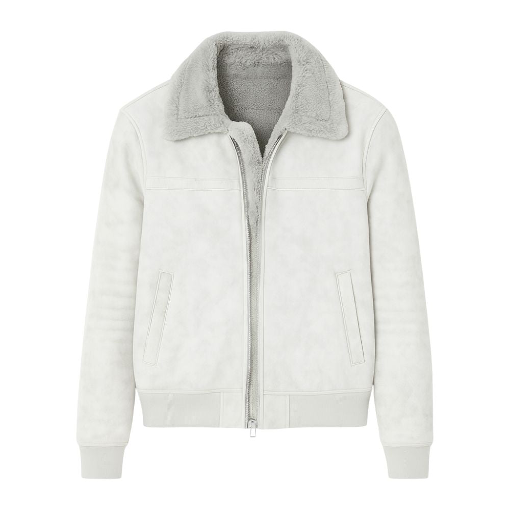 Model wearing Kouvr Fashion men's grey faux suede shearling bomber jacket