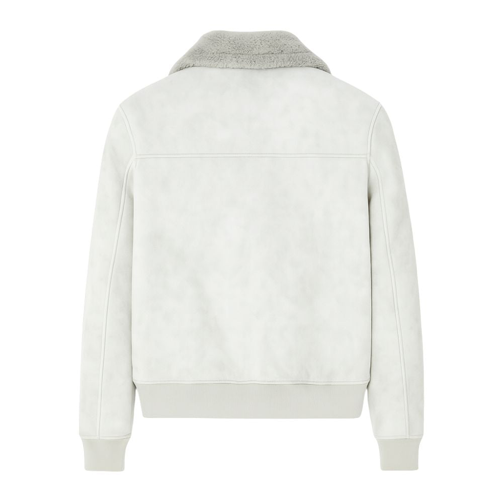 Model wearing Kouvr Fashion men's grey faux suede shearling bomber jacket