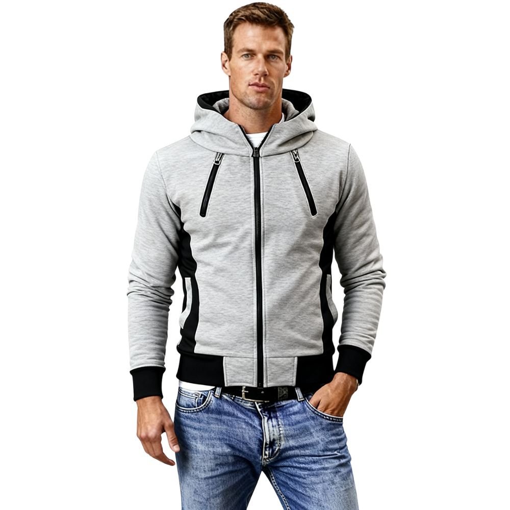 Man wearing a gray kouvr hoodie with black accents on a white background