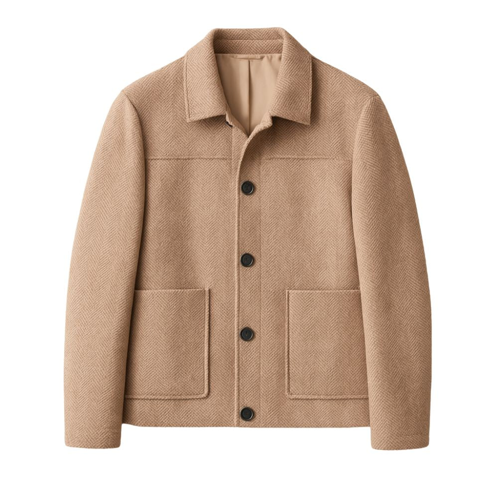 Khaki kouvr jacket with black buttons on a white background