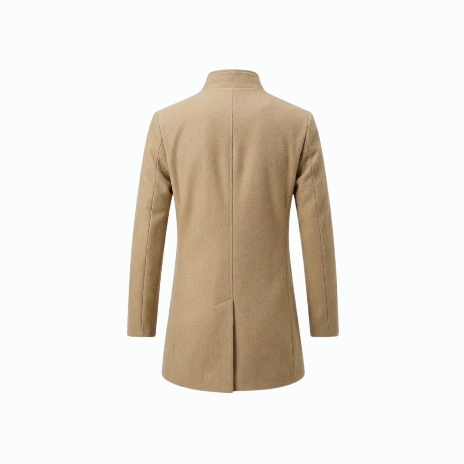 Back product shot of the Kouvr Fashion men's khaki wool overcoat showing the center seam and single vent detail.