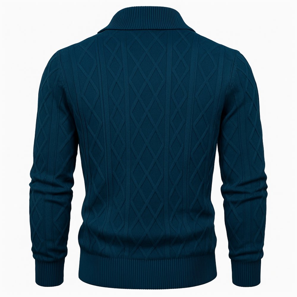Blue kouvr  sweater with a diamond pattern on a white background