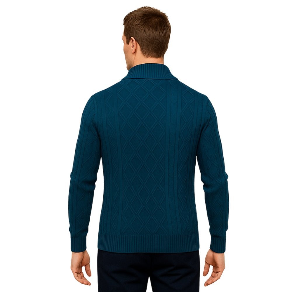 Man wearing a blue kouvr sweater on a white background