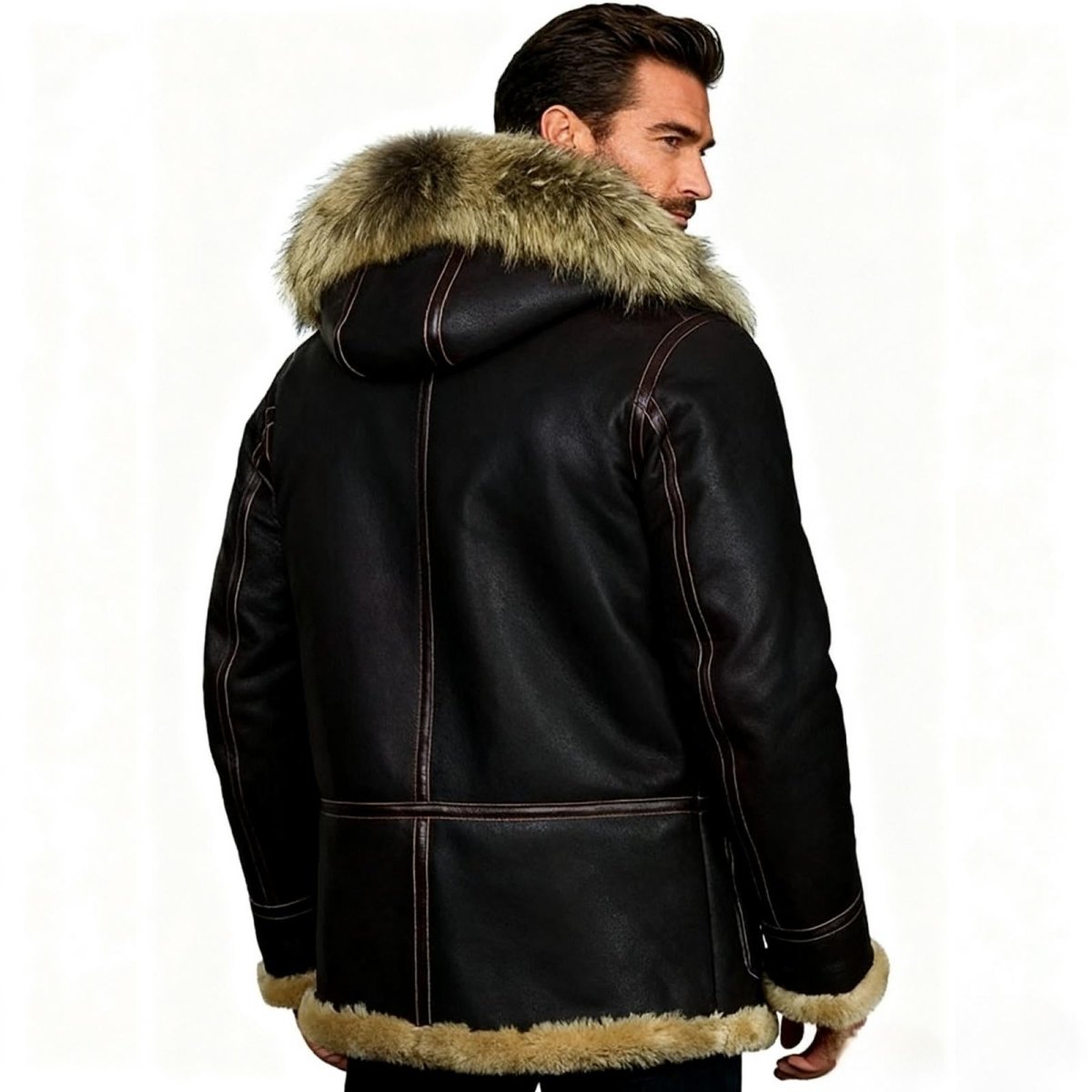 Kouvr Fashion Men's Dark Brown Shearling Sheepskin Duffle Coat with Fur Hood - Back View