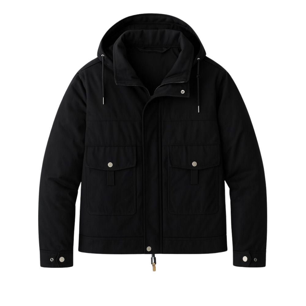Model wearing the Kouvr Fashion Men's Urban Cade Parka in black, a luxury insulated and water-resistant winter coat