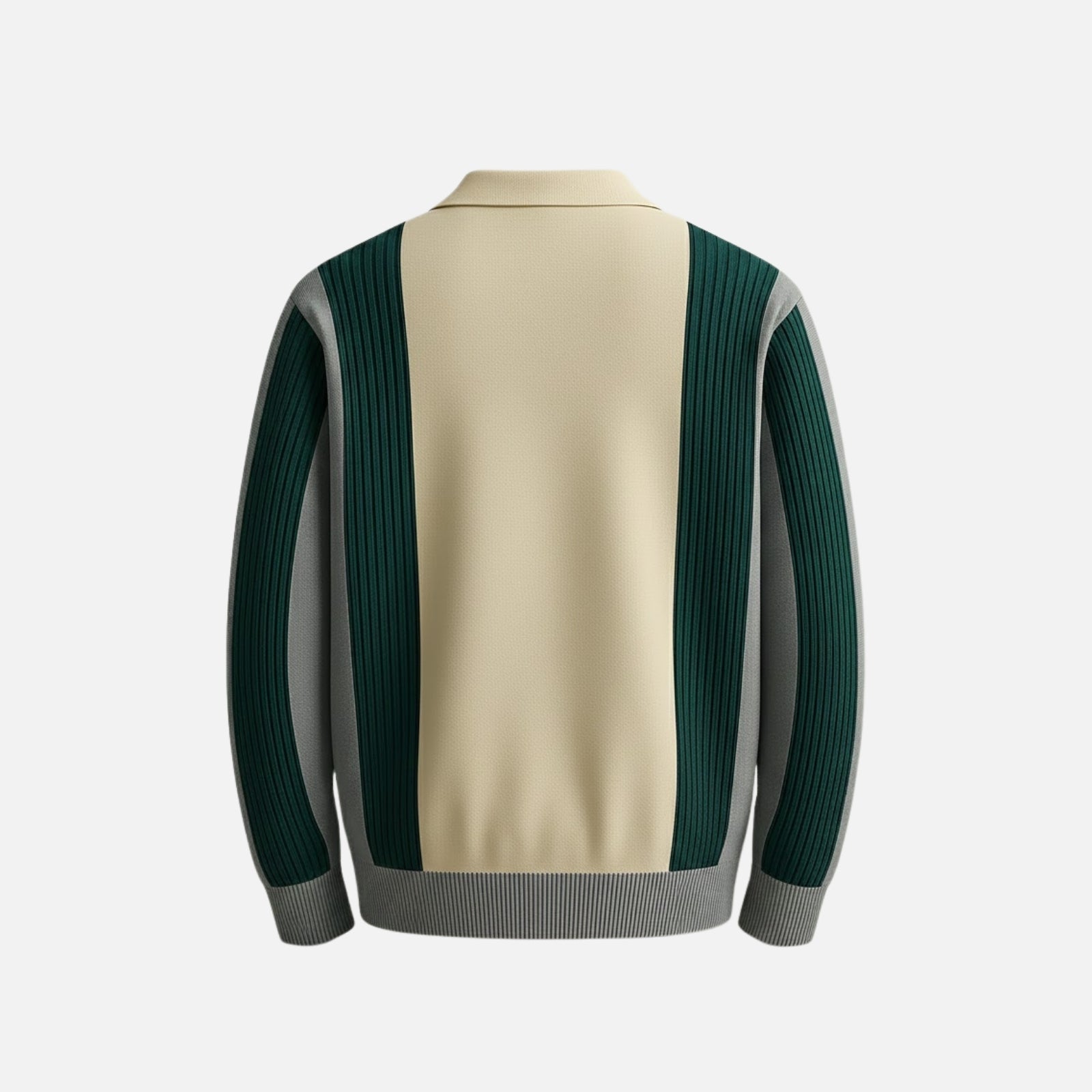 Flat lay product shot of the back of the Kouvr Fashion merino wool long sleeve polo sweater.