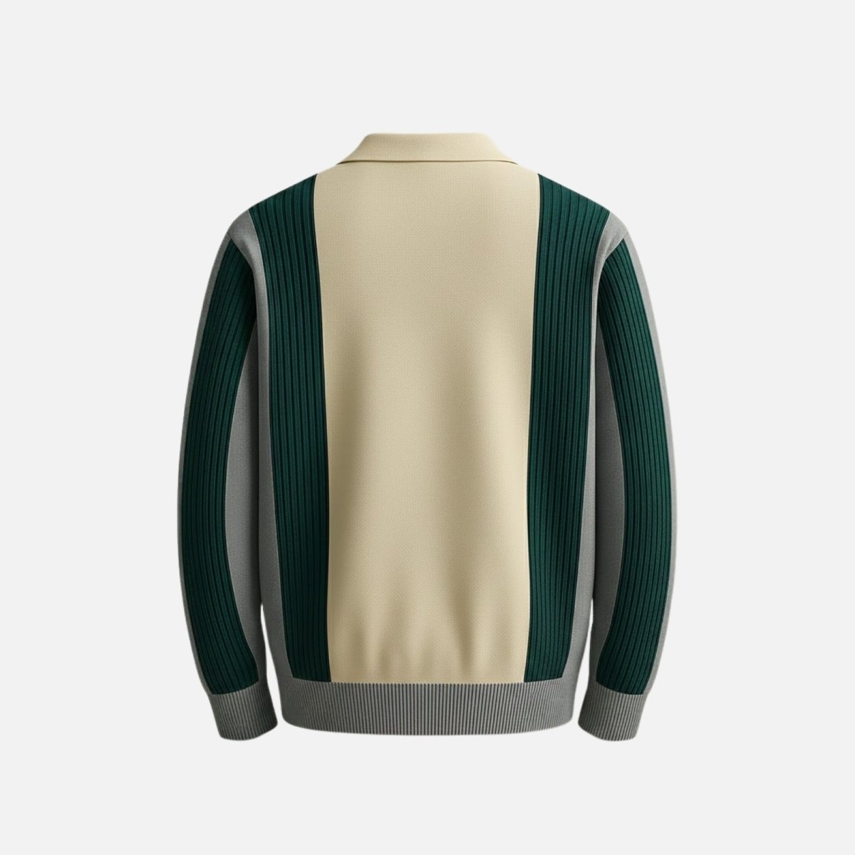 Flat lay product shot of the back of the Kouvr Fashion merino wool long sleeve polo sweater.