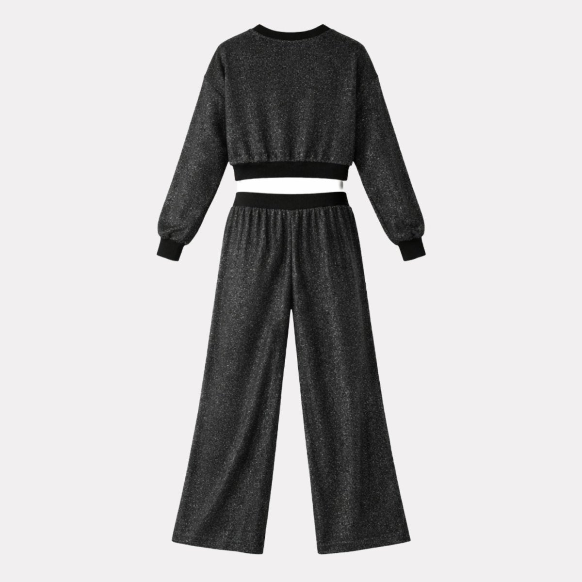 Top-down flat lay view of the black metallic knit two-piece set by Kouvr Fashion, highlighting the fabric texture and details.