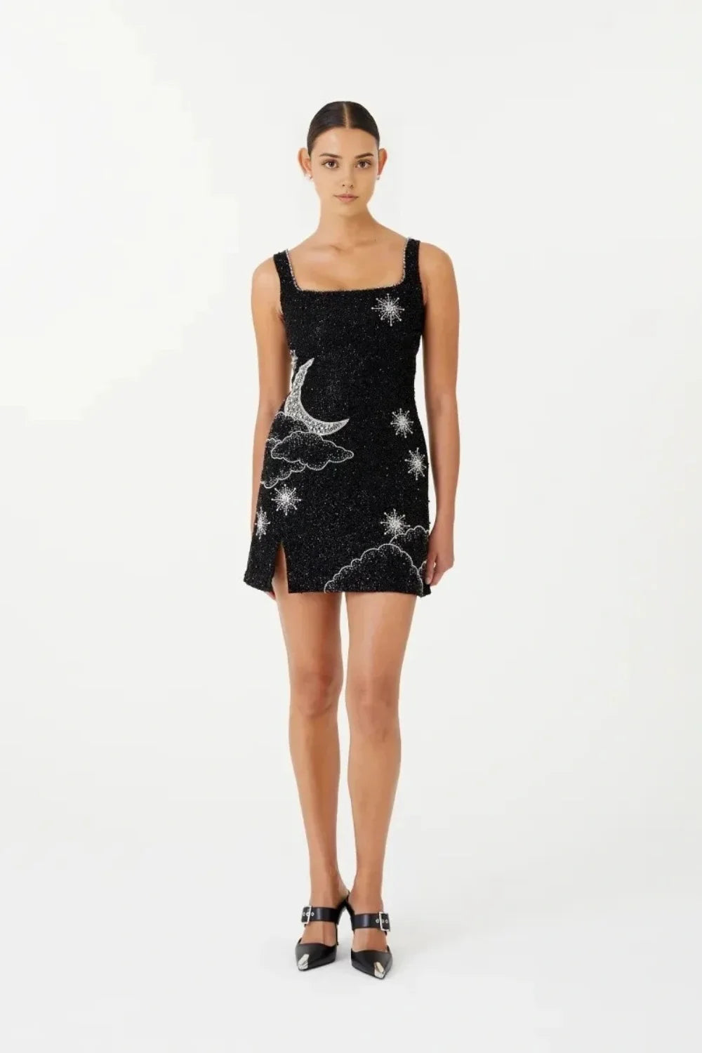 Black Mini Dress -Embellished Moon & Stars Dress for Cocktail Parties | Square Neck Hand-Beaded Luxury Dress Black Mini Dress -Embellished Moon & Stars Dress for Cocktail Parties | Square Neck Hand-Beaded Luxury Dress