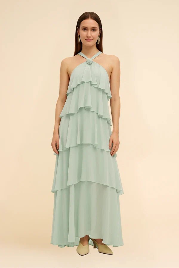 flowy chiffon', 'romantic', 'bridesmaid', 'summer gala', and 'sleeveless A-line gown