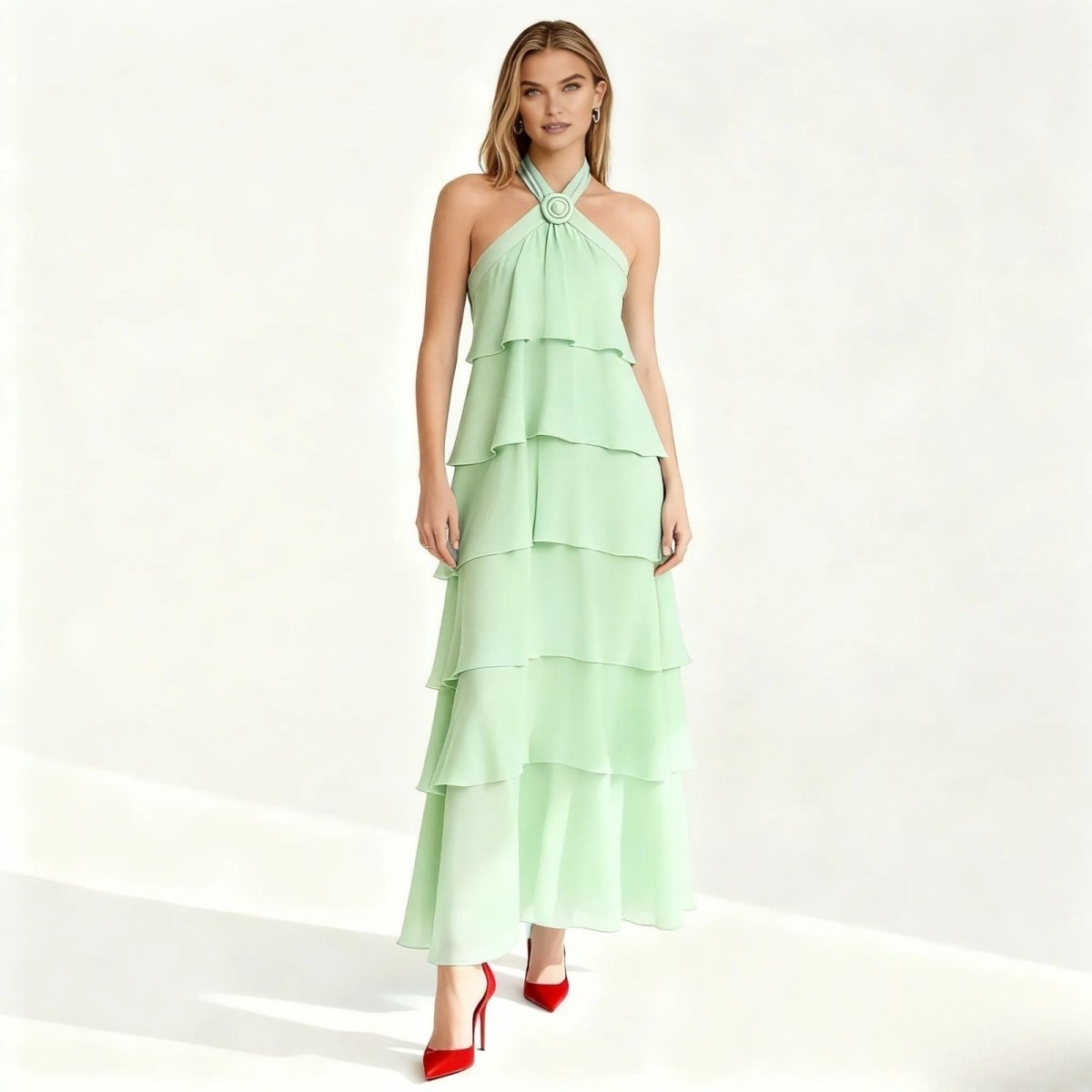 Tiered Halter Maxi Dress in Mint Green | Wedding Guest & Formal Gown | Sleeveless Ruffle A-Line Chiffon | Criss-Cross Back Long Summer Dress | Kouvr Fashion Tiered Halter Maxi Dress in Mint Green | Wedding Guest & Formal Gown | Sleeveless Ruffle A-Line Chiffon | Criss-Cross Back Long Summer Dress | Kouvr Fashion
