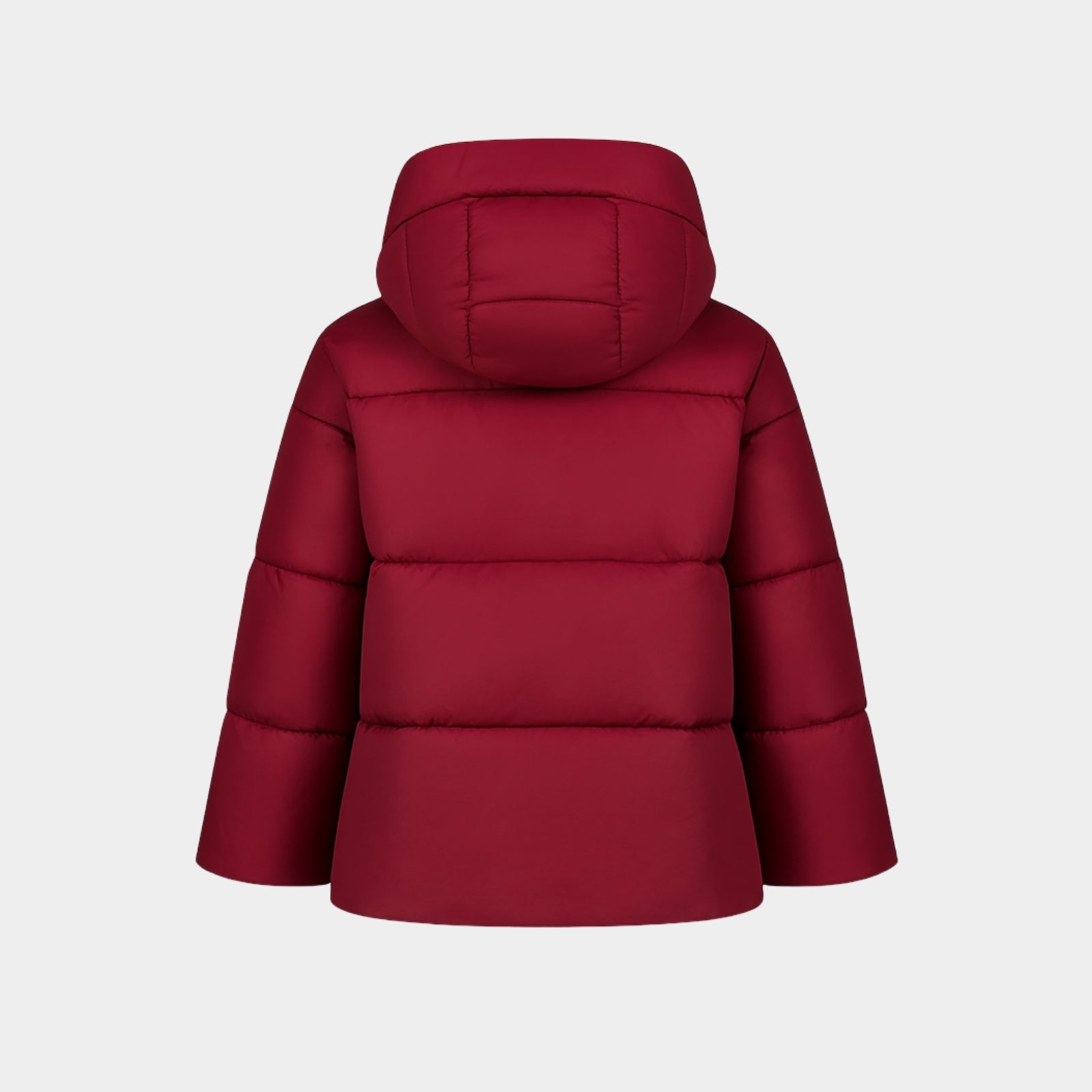 Flat lay product shot of the back of the Kouvr Fashion Miranda puffer jacket, displaying the clean lines and insulated hood structure.