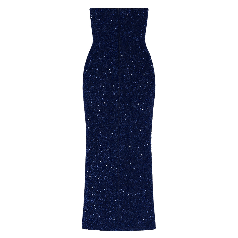 Navy Kouvr strapless dress with glittery texture on a white background