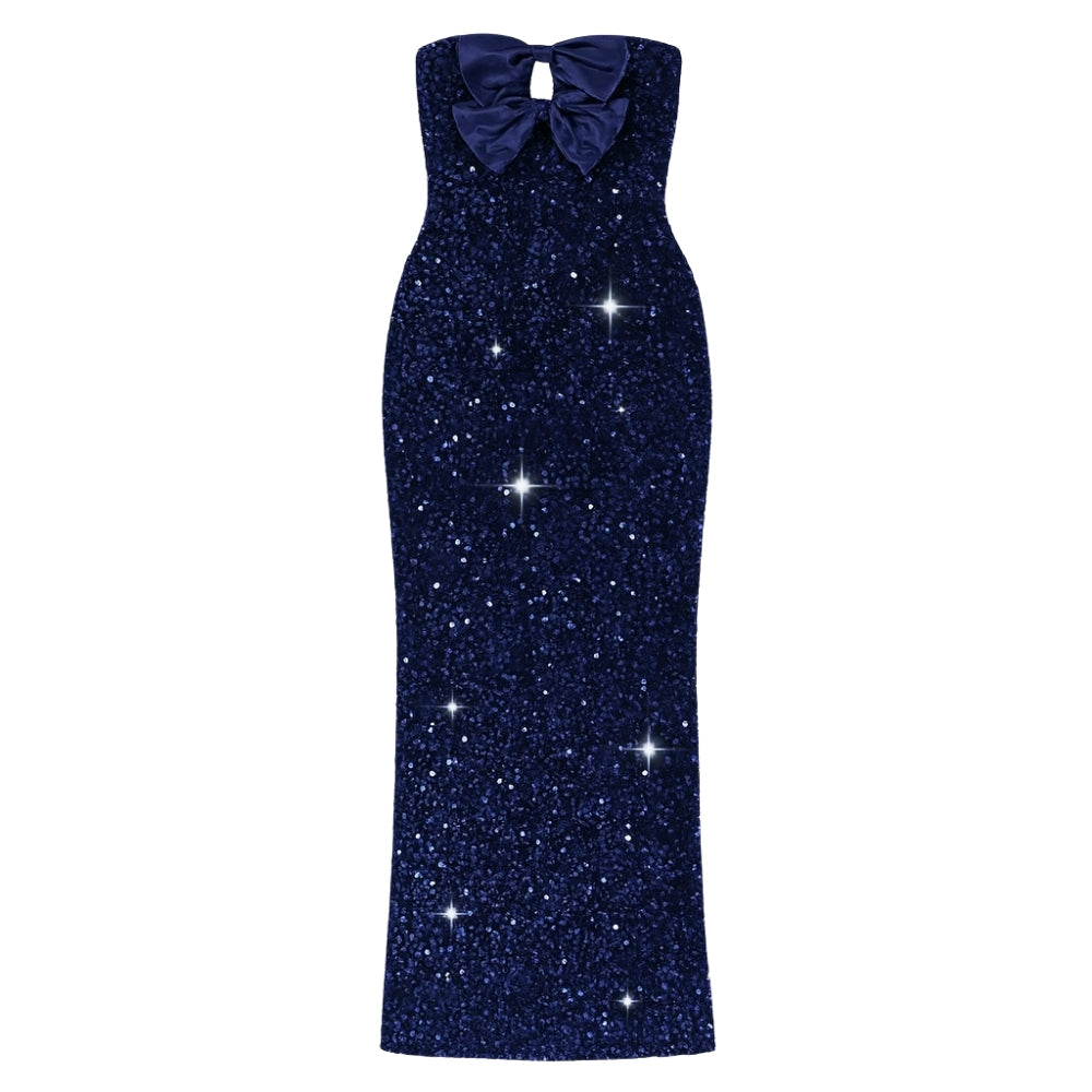 Navy Kouvr glitter dress with a bow on a white background