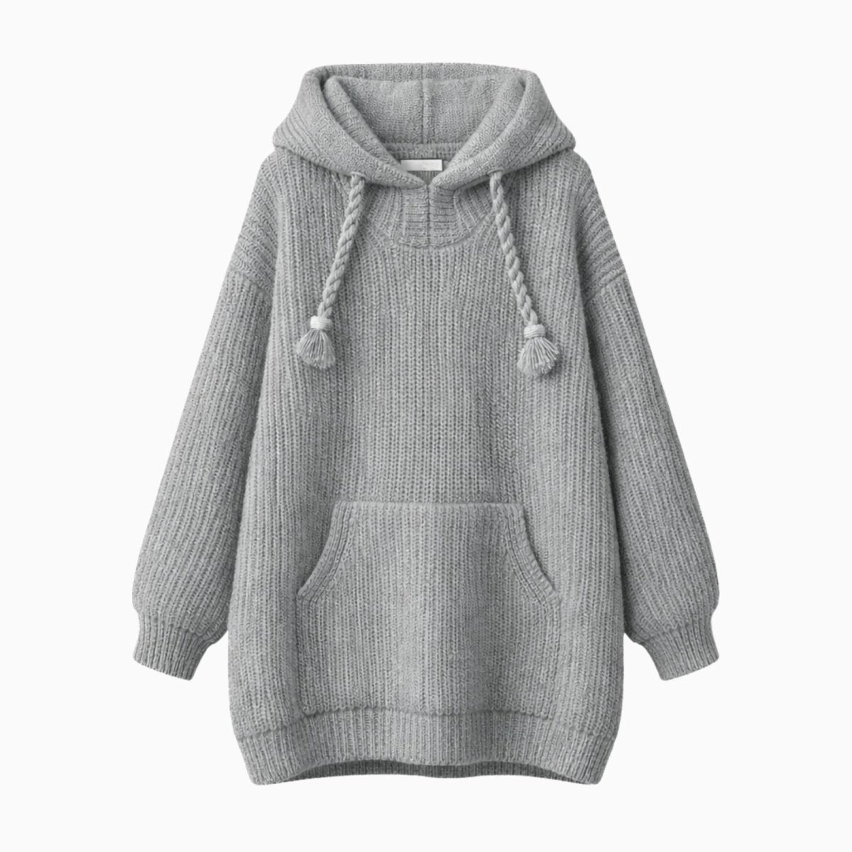 Flat lay product shot of the Kouvr Fashion Nadya oversized chunky knit hoodie in heather grey, showing the full garment details including the kangaroo pocket and braided drawstrings.