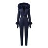 Front product shot of a navy blue belted one-piece snowsuit with quilted detail, fur hood, and matching gloves on a white background.