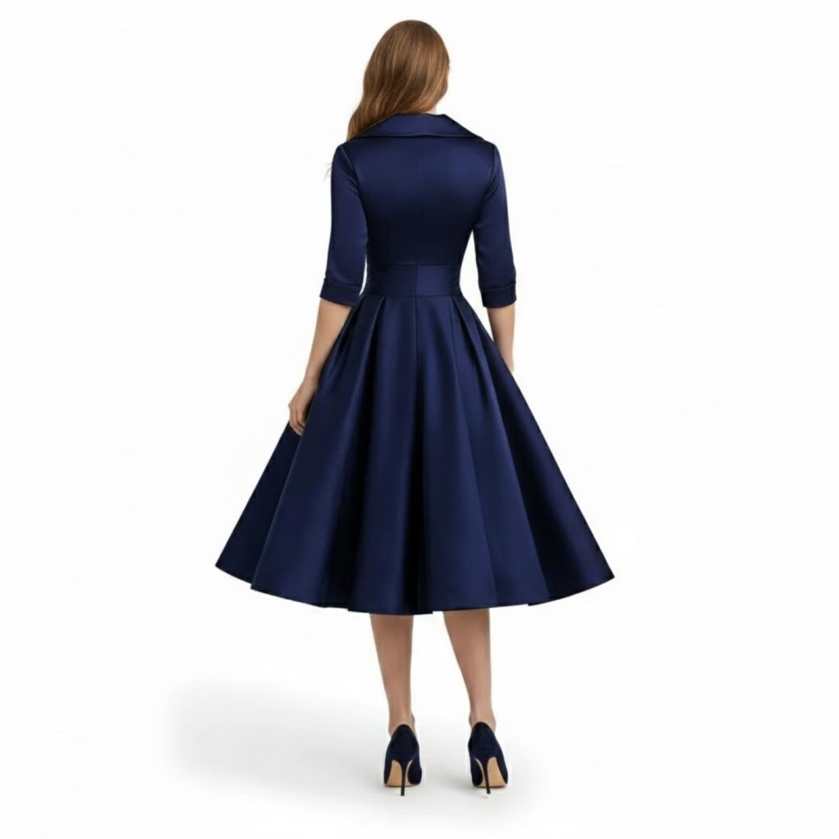 Back view of the Kouvr Fashion navy blue wedding guest dress with a shawl collar and three-quarter sleeves.