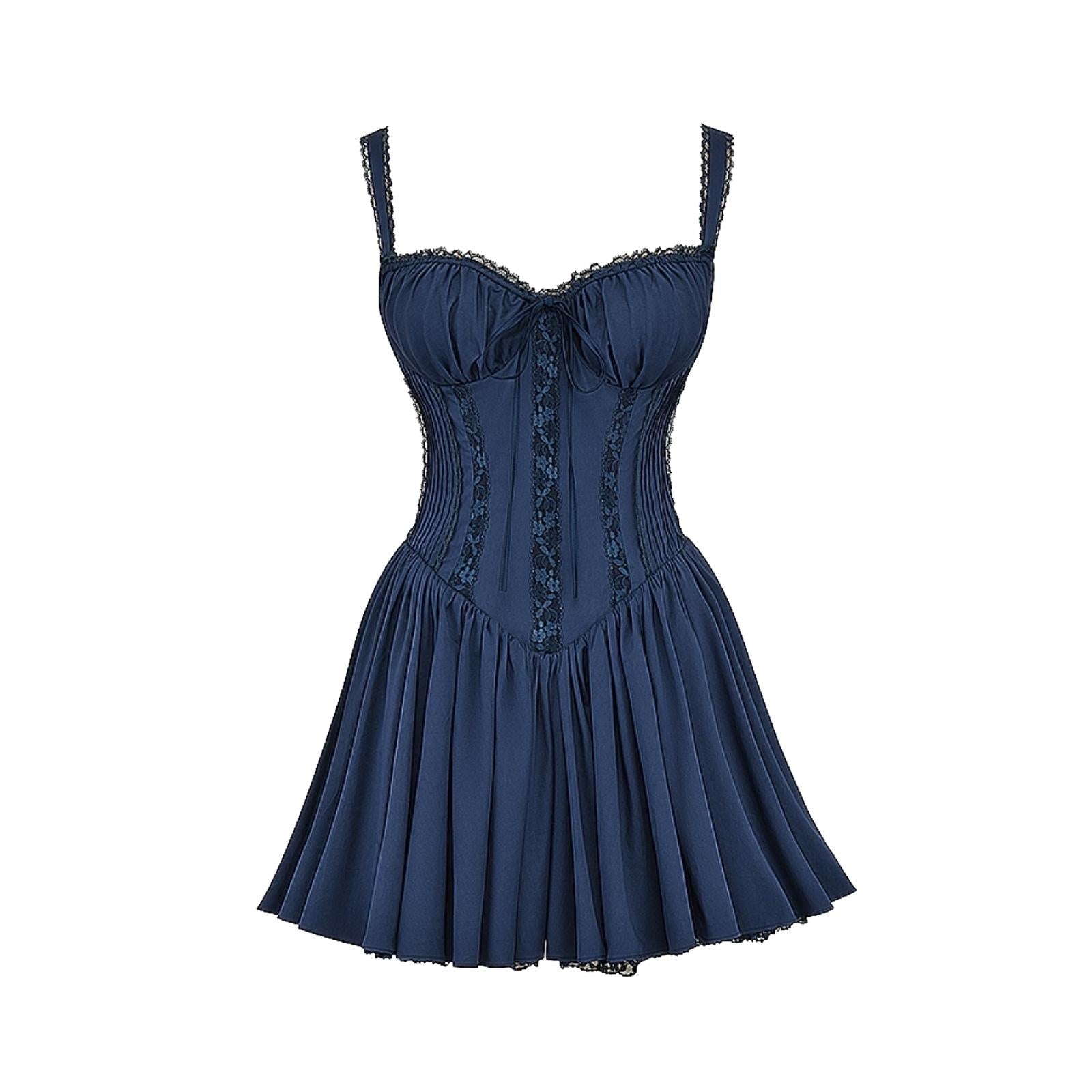 A model wears the Kouvr Fashion navy coquette corset mini dress, showing the sweetheart neckline and full skater skirt from the front.