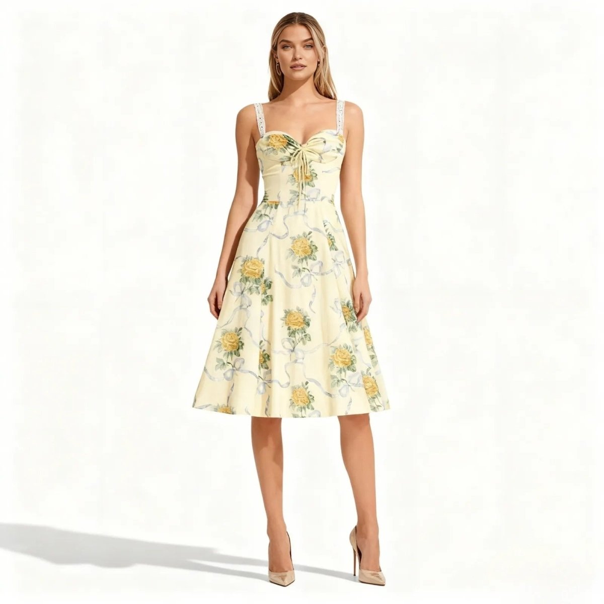 yellow floral bridesmaid dresses Light Yellow Floral Midi Dress Sweetheart Neckline A-Line Summer Sundress  for Garden Party Wedding Guest