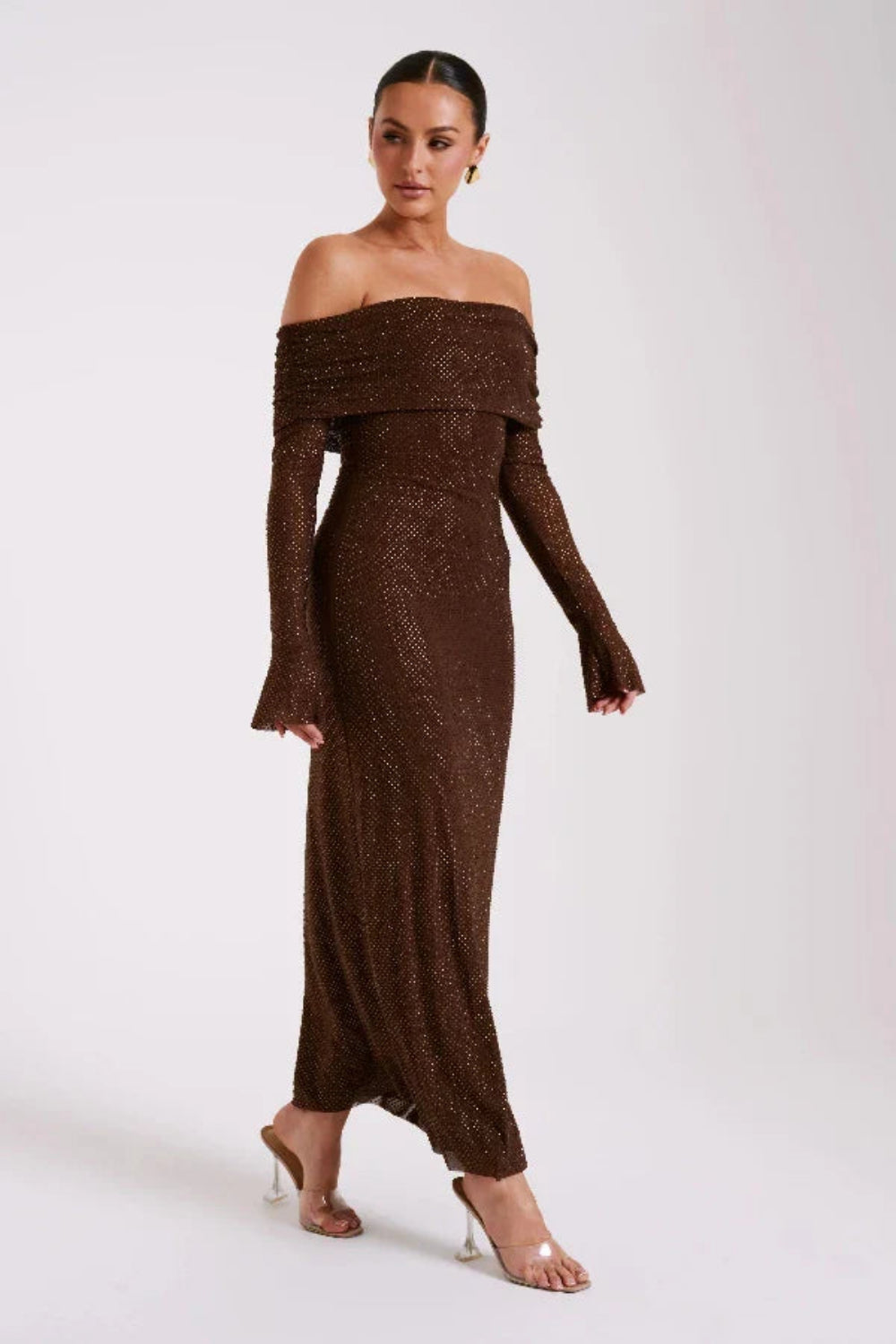 Model wearing Kouvr Fashion long sleeve off-the-shoulder brown sequin formal gown