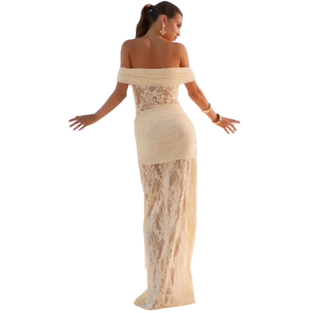 Woman wearing a beige yellow Kouvr off-shoulder lace dress on a white background