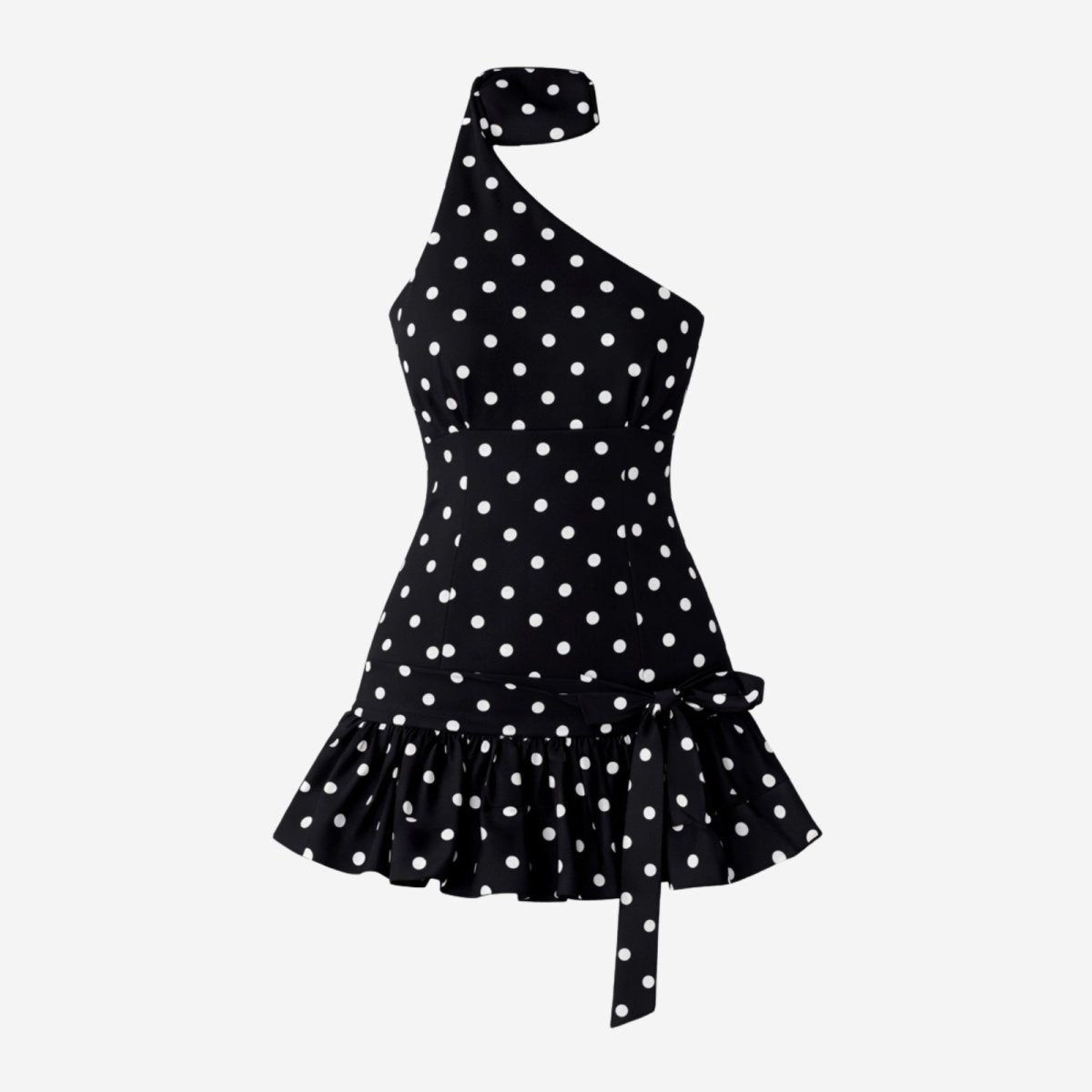 Flatlay studio shot of a black and white polka dot one-shoulder mini dress showcasing the choker neck and ruffle details.