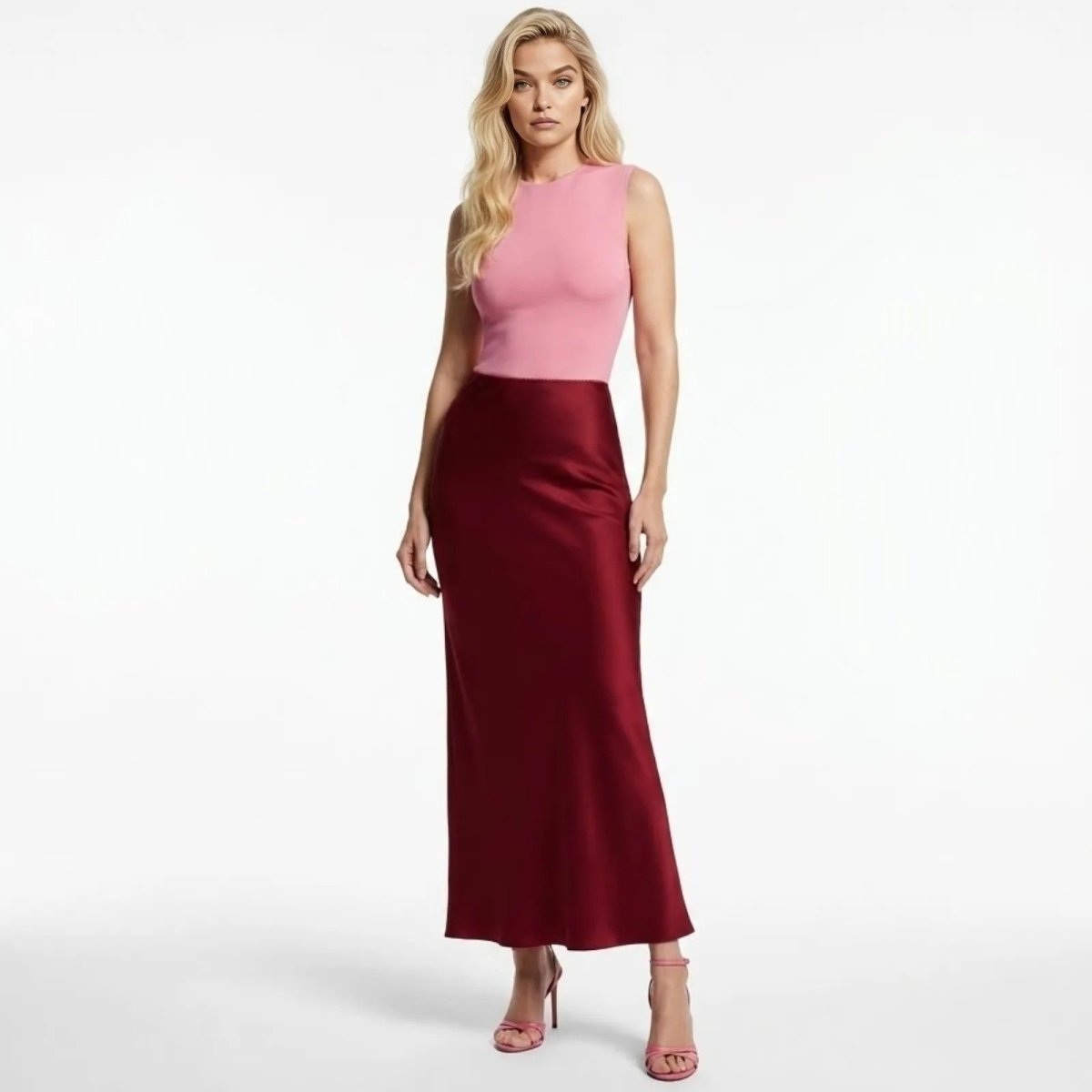 Model wearing The Ourania, a high-waisted red satin maxi skirt, paired with a pink top, from Kouvr Fashion.