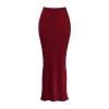 Product-only studio image of the front of the Kouvr Fashion Ourania high-waisted red satin maxi skirt.