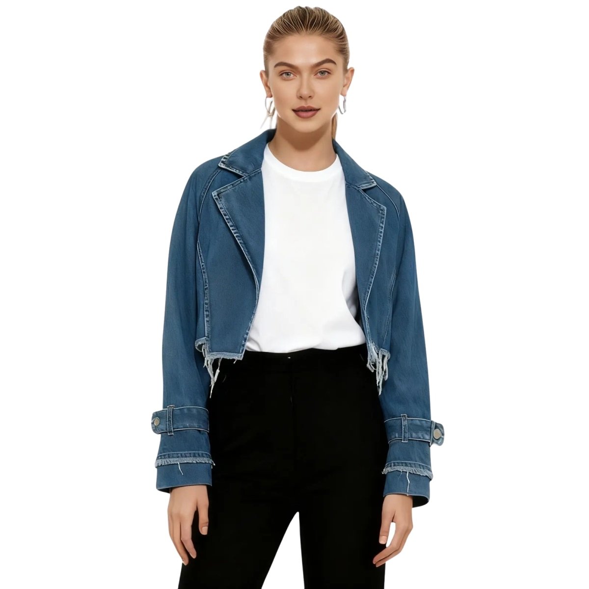 Woman wearing the Kouvr Fashion oversized cropped trench denim jacket with black pants and a white tank top.