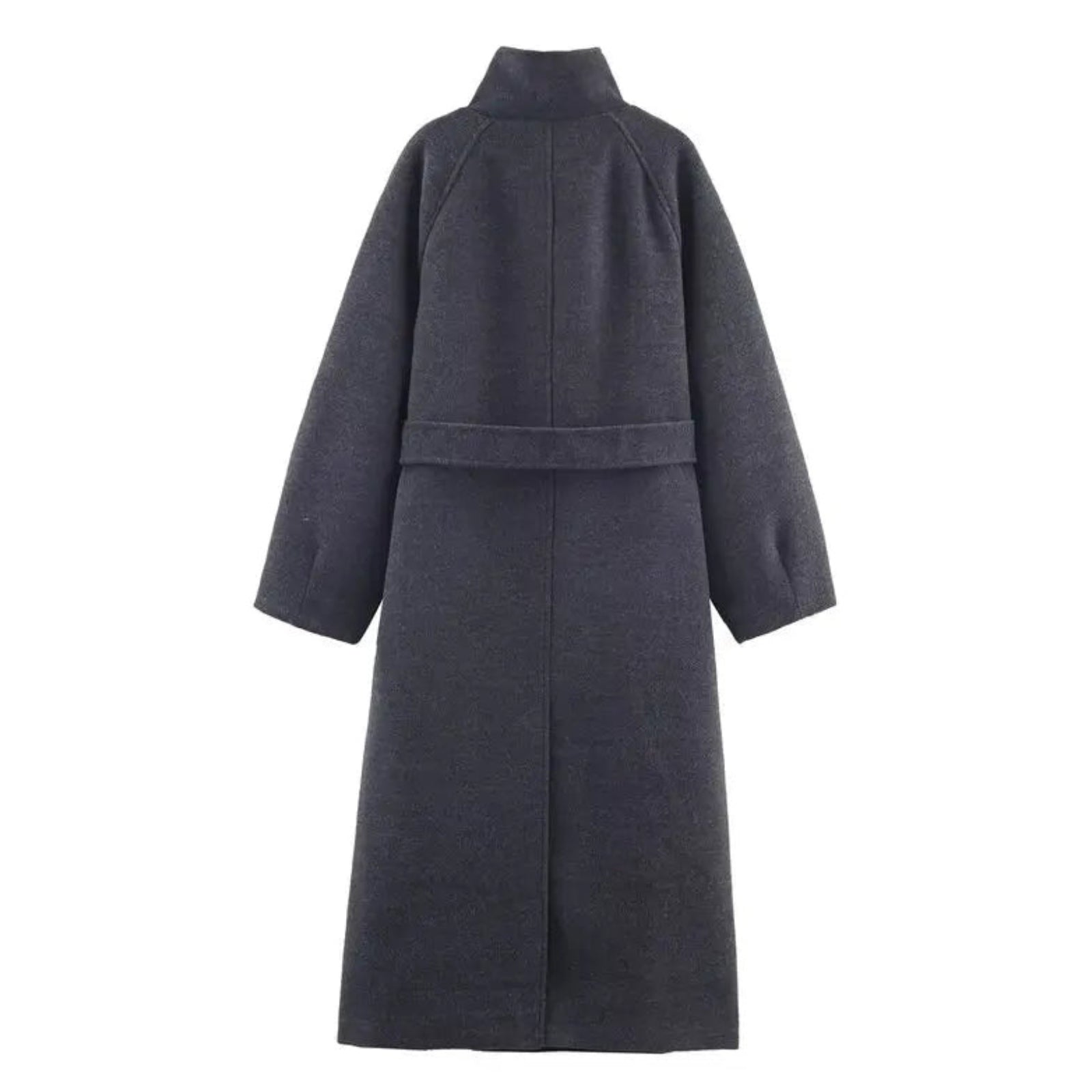 Back view flat lay of the Kouvr Fashion long wool coat in gray, detailing the center seam and belt loop construction.