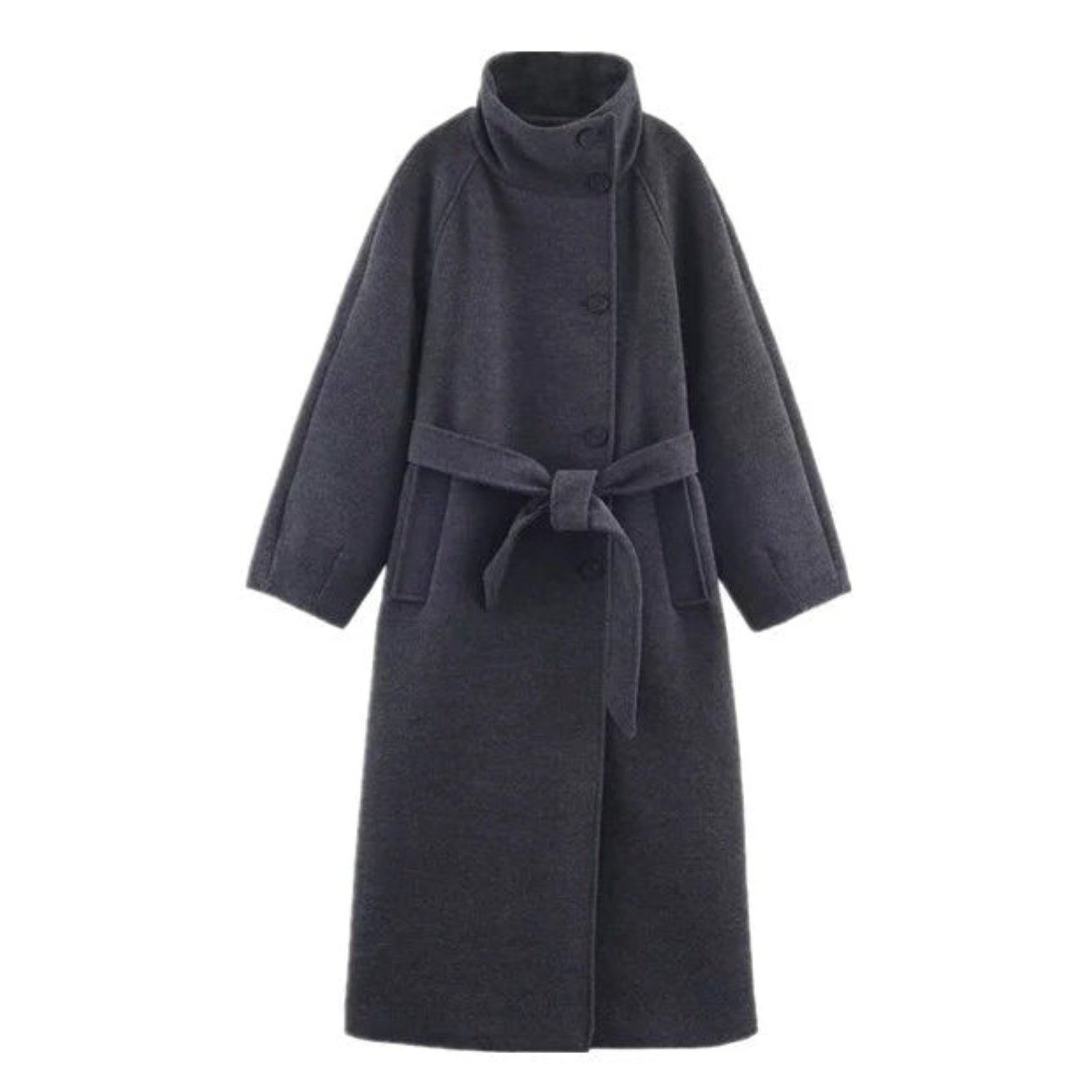 Flat lay of the Kouvr Fashion gray funnel neck wool coat with belt tied, showing button details and texture of the wool.