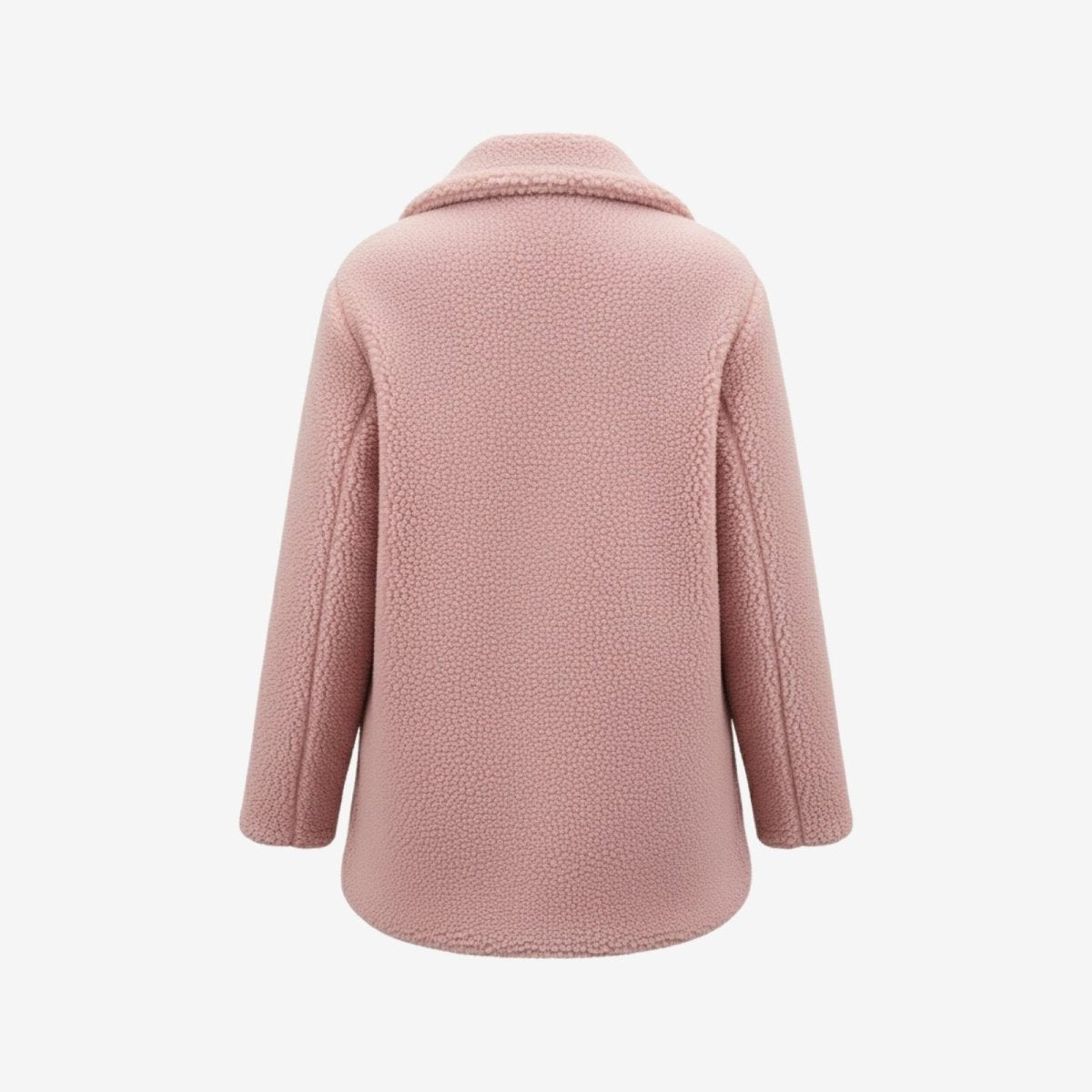 Flatlay of the back of the pink faux shearling coat, focusing on the quality construction of the collar and the uniform boucle texture.