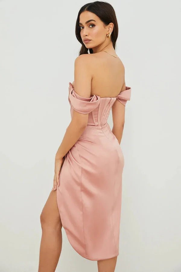 Bardot neckline, structured bodice, boning detail, asymmetrical draped skirt, thigh-high slit, and "Duchess satin