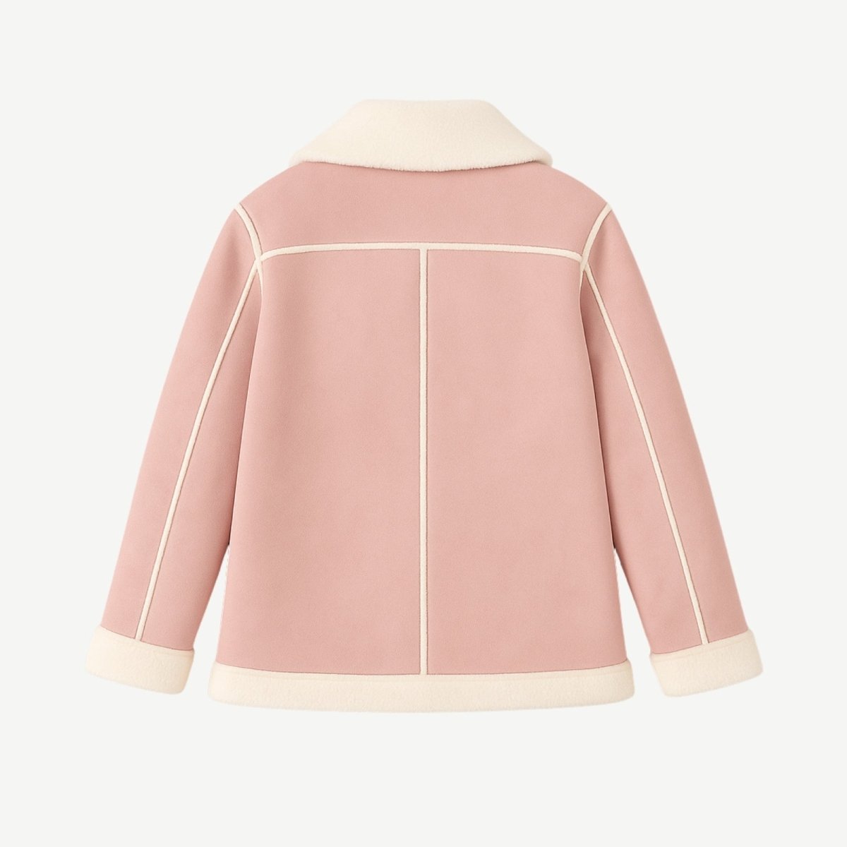 Flat lay back view of the Kouvr Fashion pink faux suede jacket, displaying the minimalist construction and white trim details.