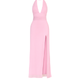 Model wearing the Kouvr Fashion pink backless halter neck maxi dress with a thigh-high slit, front view.' and 'Rear view of the Kouvr Fashion pink maxi dress showing the open back and tie details