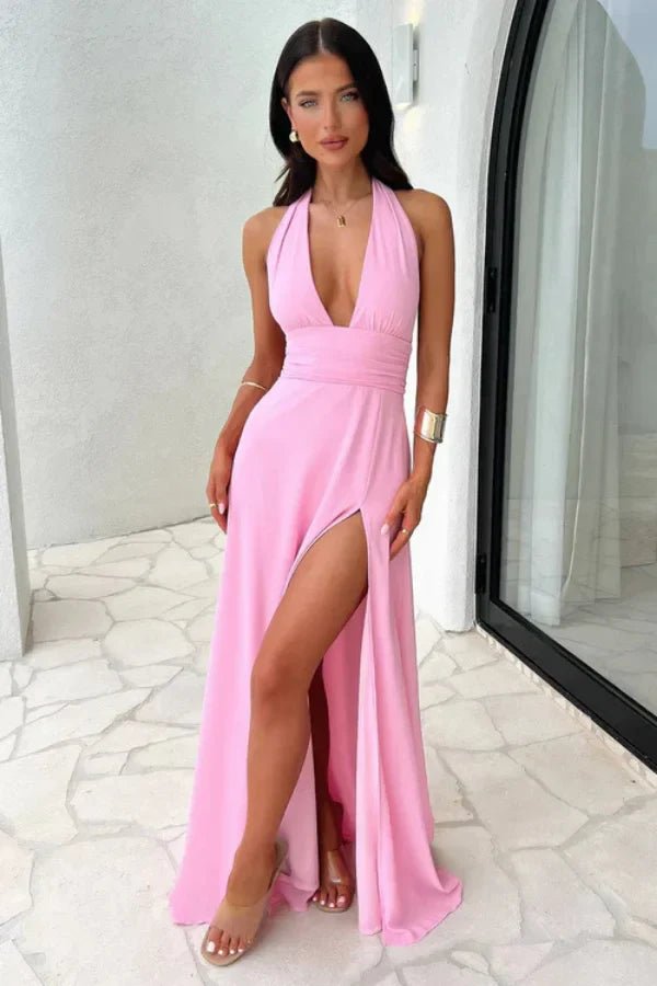 Pink Halter Maxi Dress with Thigh Split | Deep V-Neck Backless Formal Gown Kouvr Fashion | Satin Evening Cocktail Wedding Guest Dress Pink Halter Maxi Dress with Thigh Split | Deep V-Neck Backless Formal Gown Kouvr Fashion | Satin Evening Cocktail Wedding Guest Dress